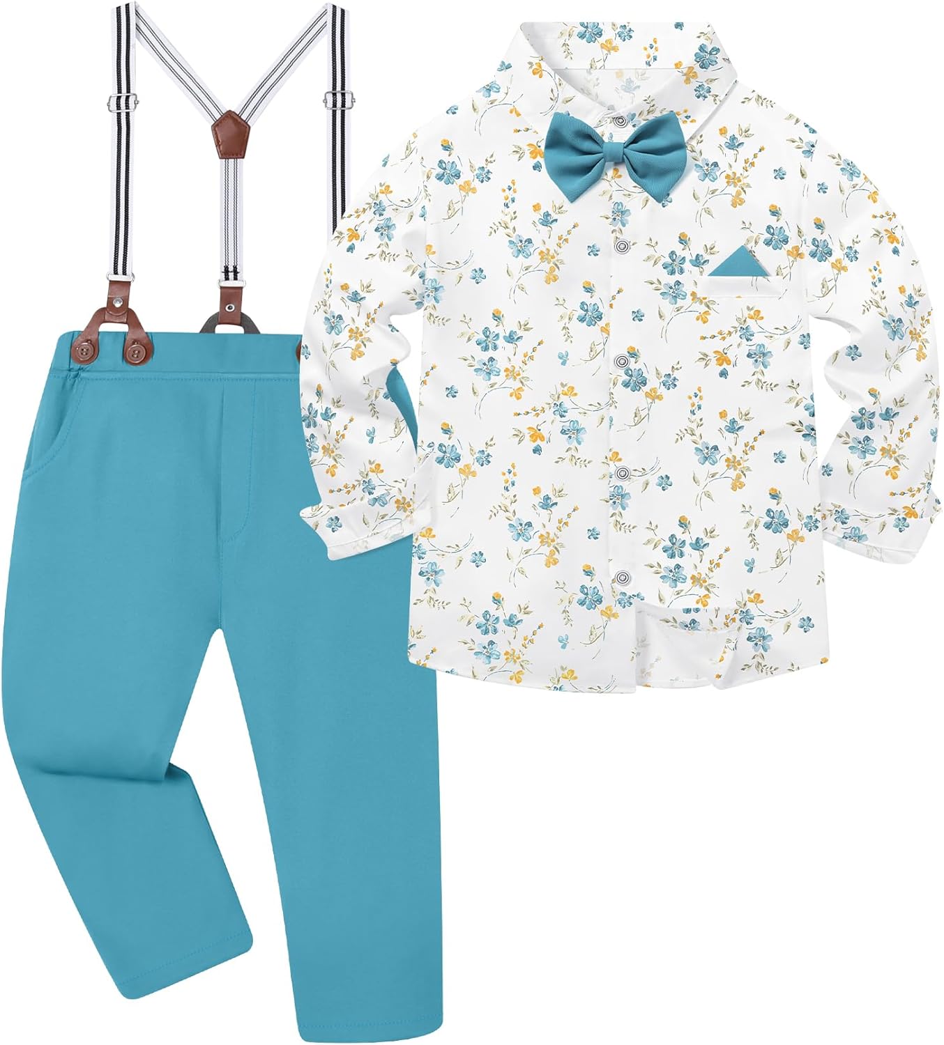 DISAUR Boys Dress Clothes Wedding Ring Bearer Outfit Boy Formal Suits Dress Shirt with Bow Tie +Suspender Pants Set