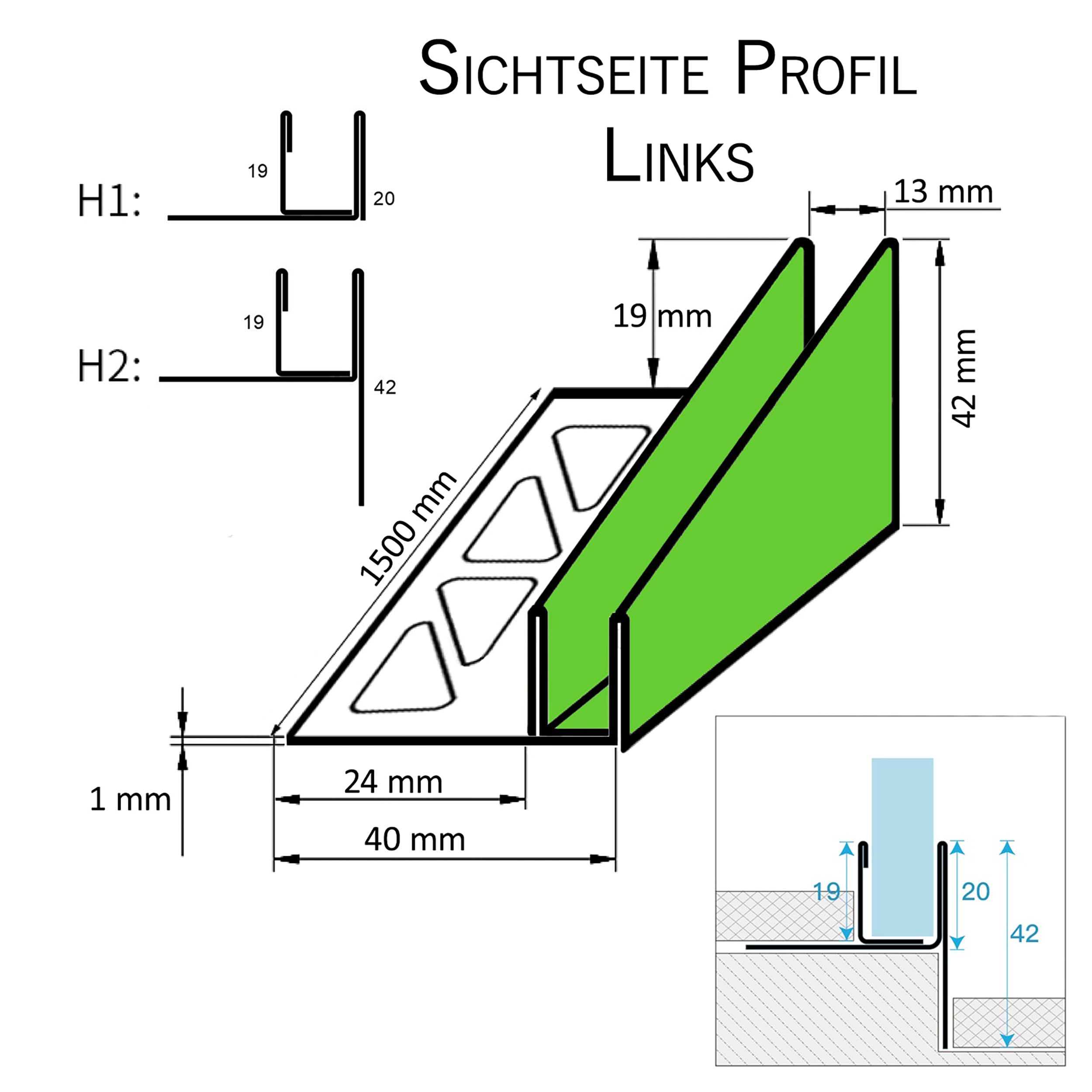 Glashalter- Duschprofil, Keil- Gefälle-Profil begehbare Dusche H19 G13 Links 150cm gebürstet