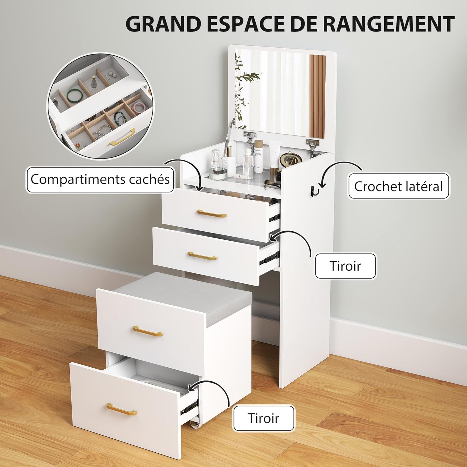 Overview of the HOMCOM dressing table's storage features, including hidden compartments under the mirror, three drawers, and a side hook.