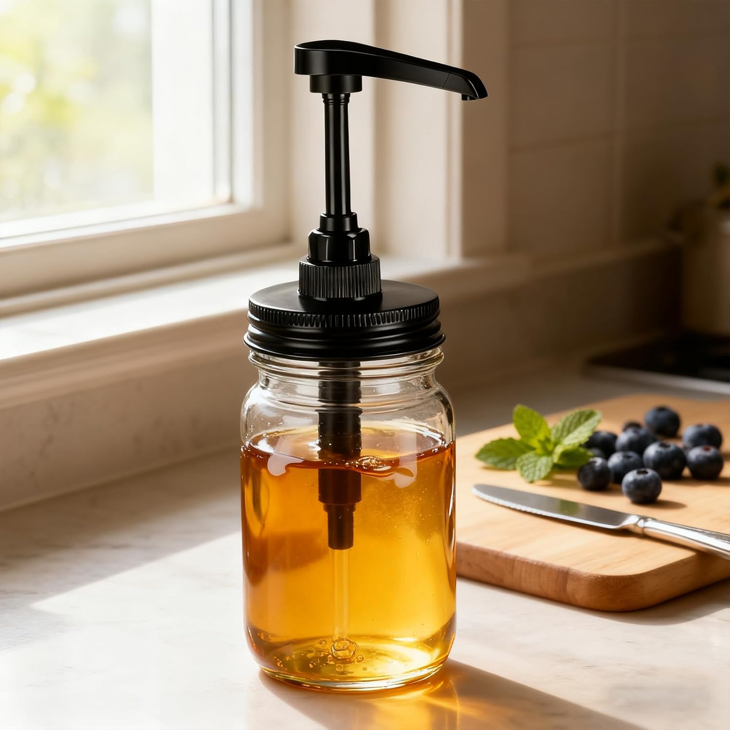 6 Pcs Black Coffee Syrup Dispenser Pumps For Mason Jars, 70 Mm Regular Mouth Honey Pump Lids, Food Dispenser Replacement Set