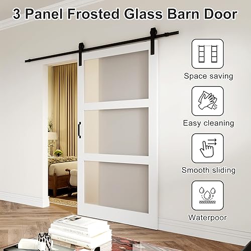 Miniatura 7 de Puerta corrediza de granero de vidrio esmerilado de 3 paneles de 42 x 84 pulgadas, kit de herramientas incluido, requiere montaje, superficie de PVC