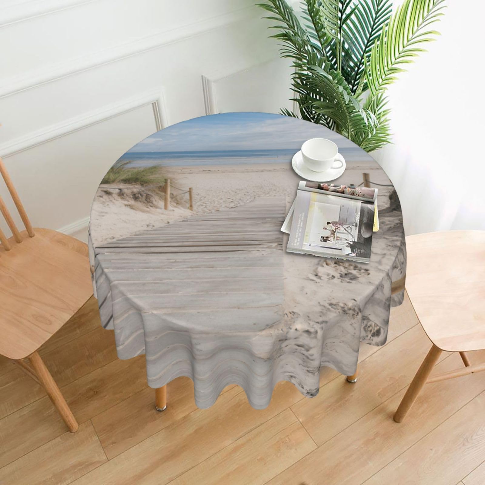 Zcmkjlg Beach Scenery Print Quick Ship Round Tablecloth 60in Polyester Washable Cover for Dining Room