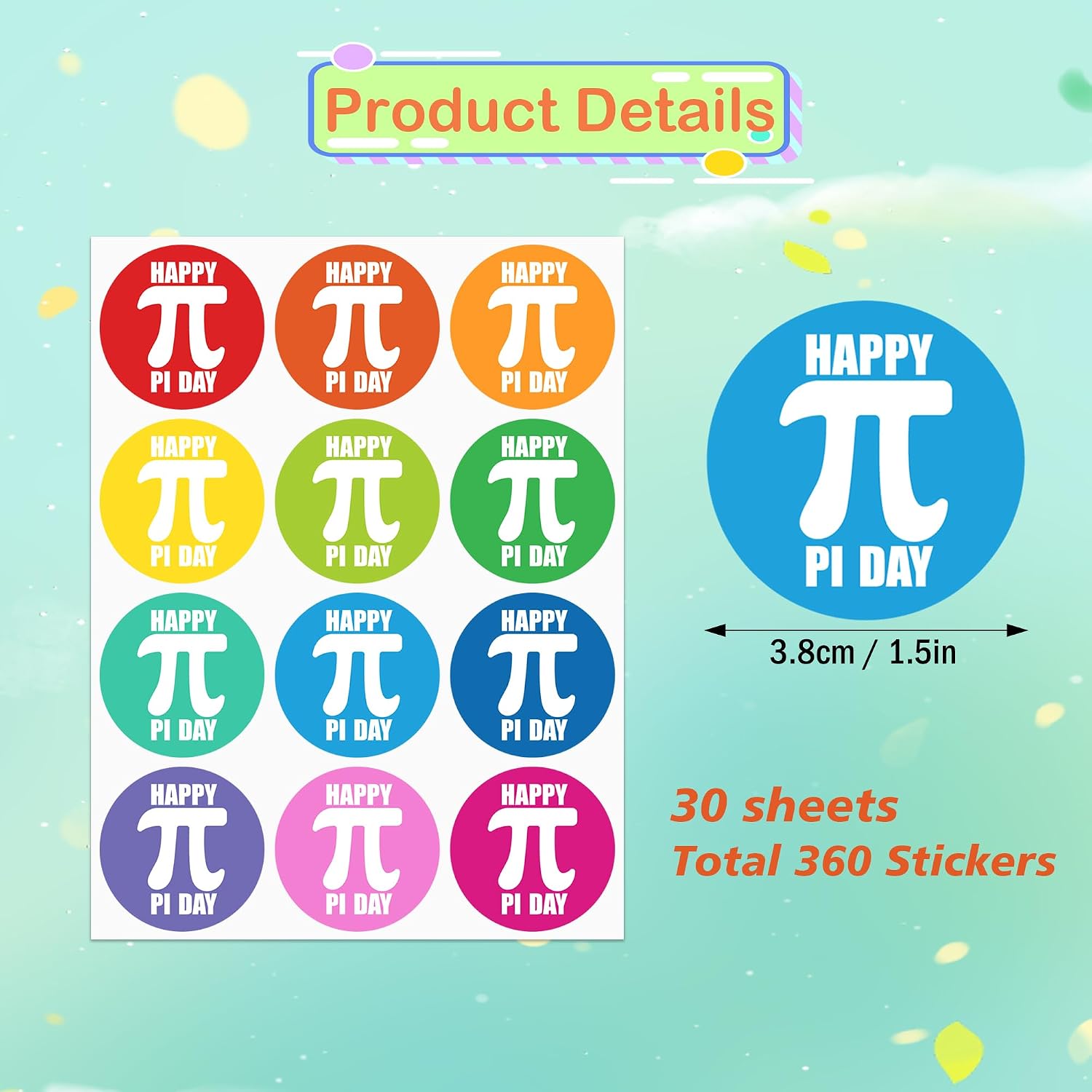 360 PCS Round Happy Pi Day Stickers, Colored Pi Day Stickers Adorable PI Symbol Sticker for Teacher Student Envelope Seals Gift DIY Crafts Card PI Day Math Party Favors Decorations image 2