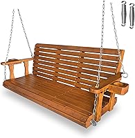 FortuneCandy 5FT Extra Large Wooden Porch Swing with Cup Holders, High Backrest, 880LB Capacity - Warm Teak for Patio Garden