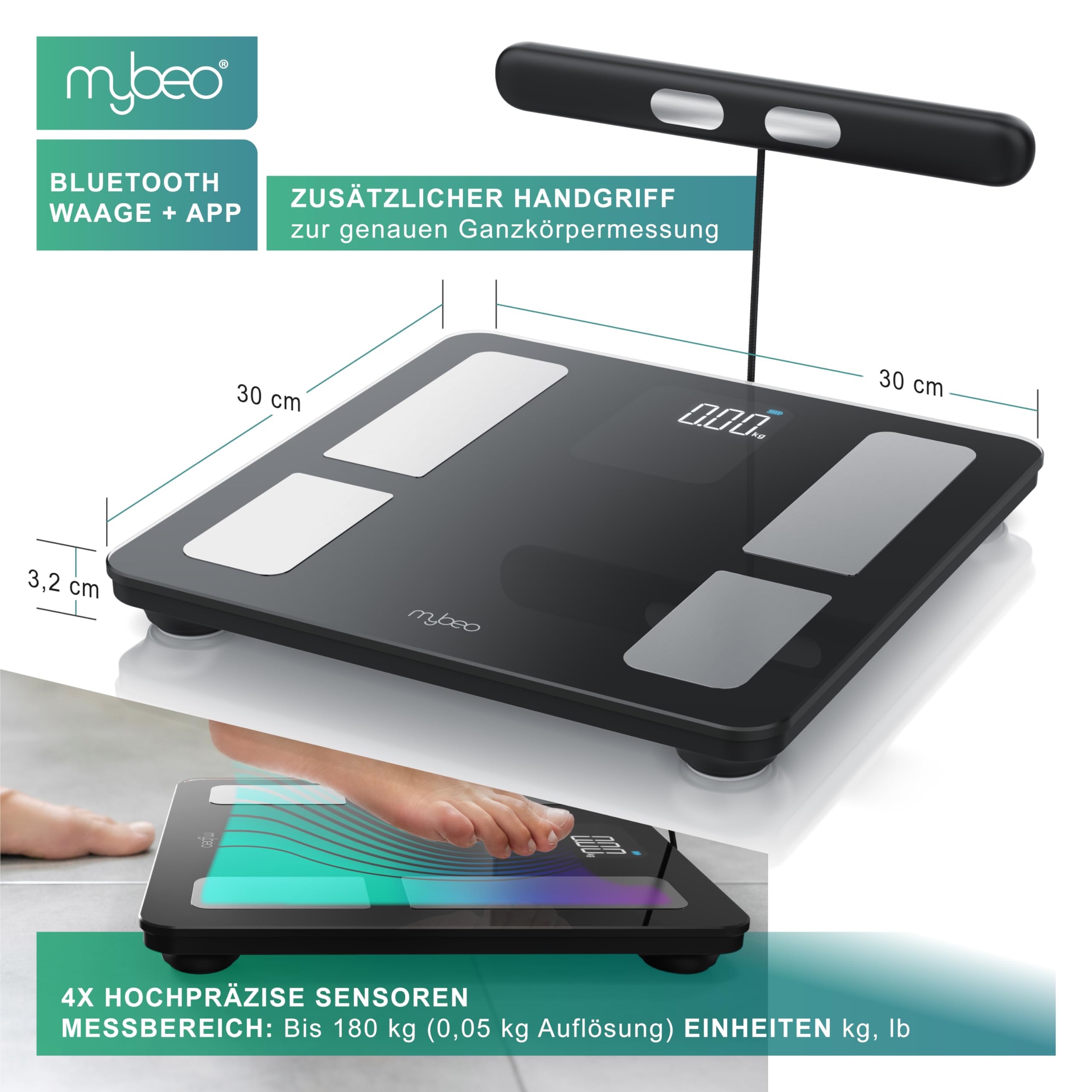 Mybeo - Körperfettwaage mit Handsensoren - mit App - Digitale Bluetooth Körperwaage - Personenwaage Multifunktionswaage - Digitale Anzeige – Handgriff für präzise Ergebnisse - mit Körperfettanalyse