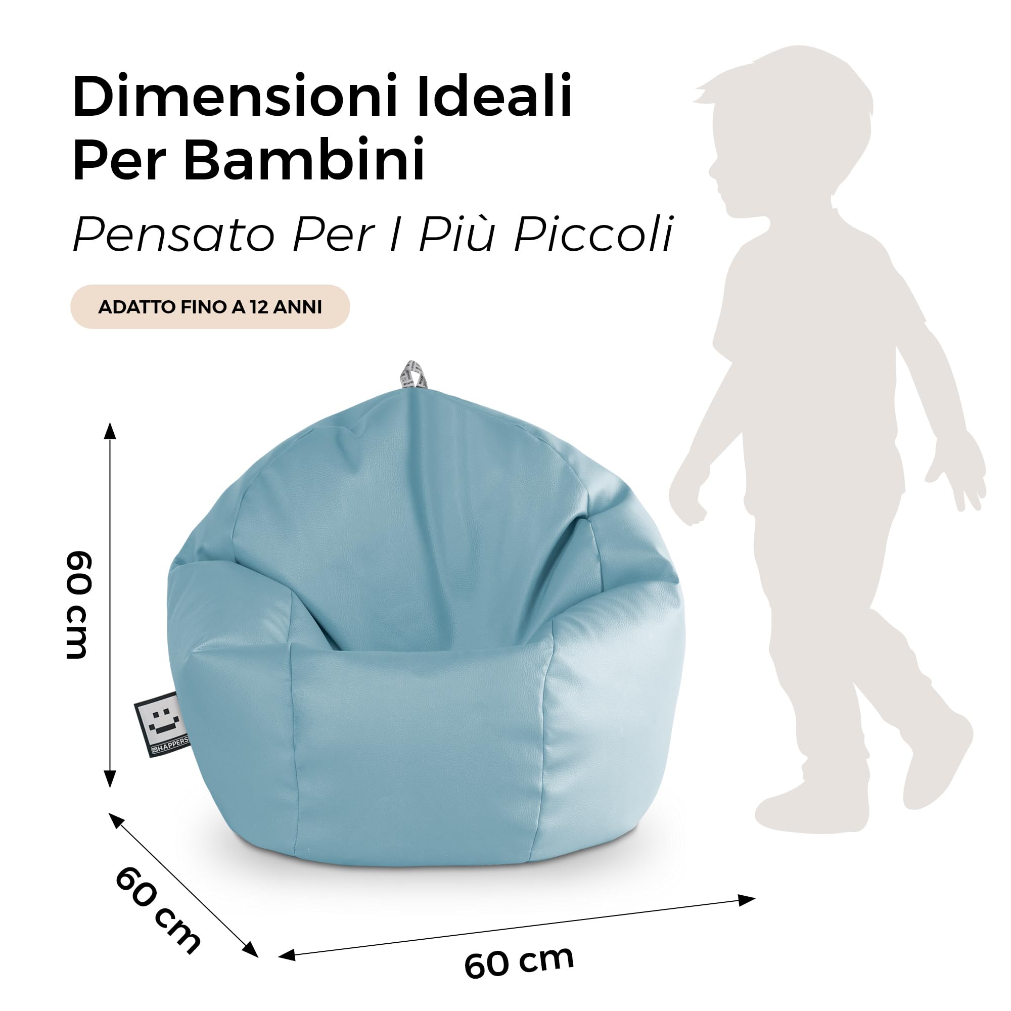 Happers Pouf Bambini Poltrona Morbida a Sacco per Sedersi con Imbottitura Puff per Gioco Relax Lettura Puffo Interno Ecopelle Quotidiano di lunga Durata Azurro