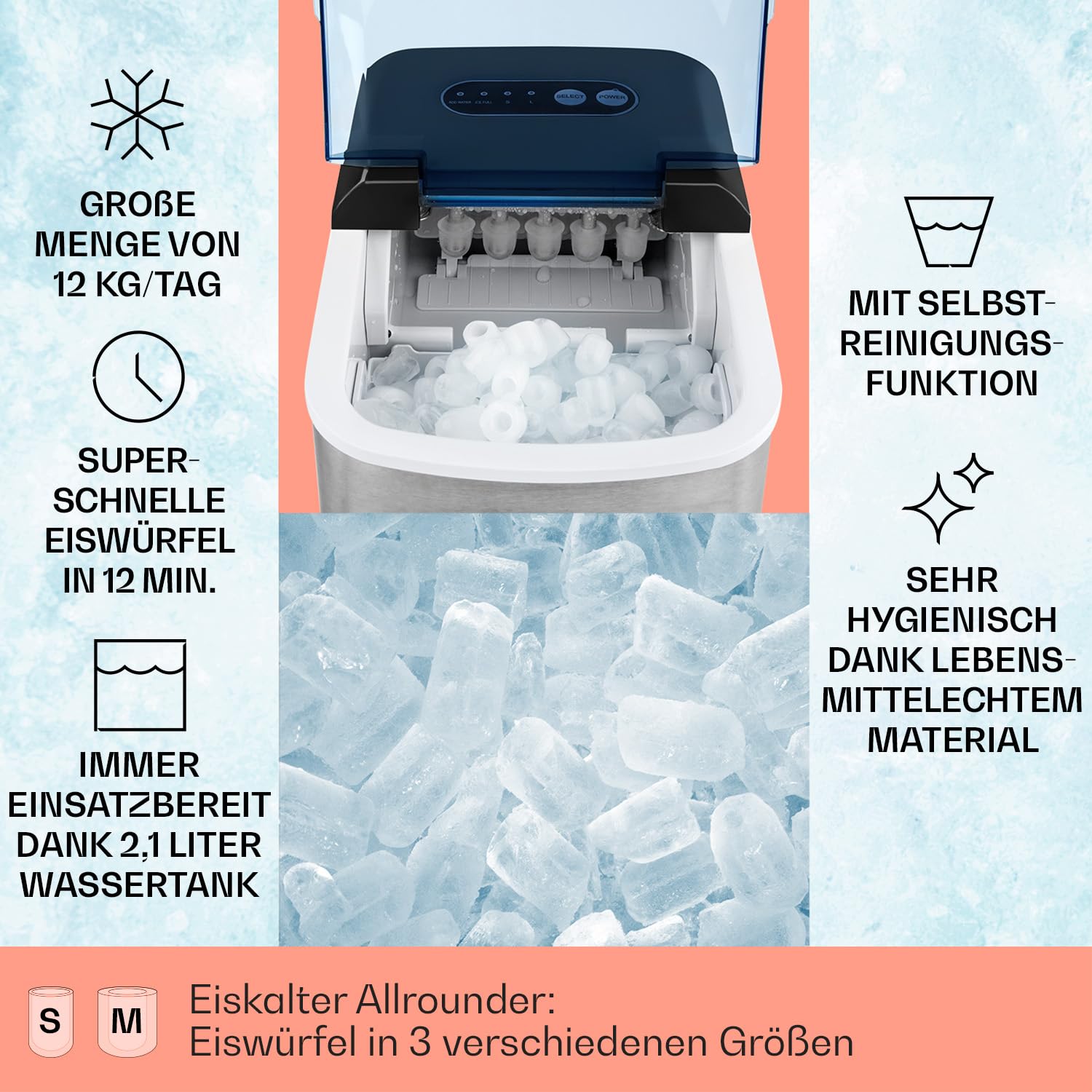 Klarstein On-The-Rocks - Eismaschine, Eiswürfelbereiter, Eiswürfelmaschine, 12 kg / 24 h, 120W, 2 Würfelgrößen, 6-12 min, 2,1 Liter Wassertank, Selbstreinigungsprogramm, Edelstahl, schwarz