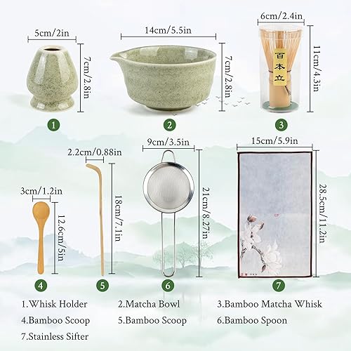 Miniatura 2 de Juego de matcha, batidor y cuenco con boquilla y cuchara medidora, herramientas para hacer té matcha de ceremonia japonesa (verde puro)