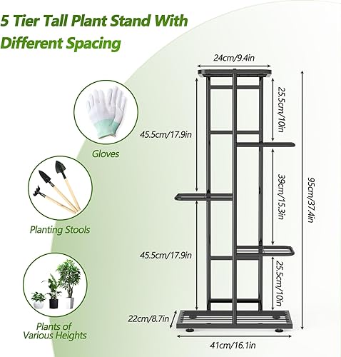 Miniatura 2 de Soporte para plantas de 5 niveles y 6 macetas doradas para interiores y exteriores con herramientas y guantes de jardinería, estante de metal