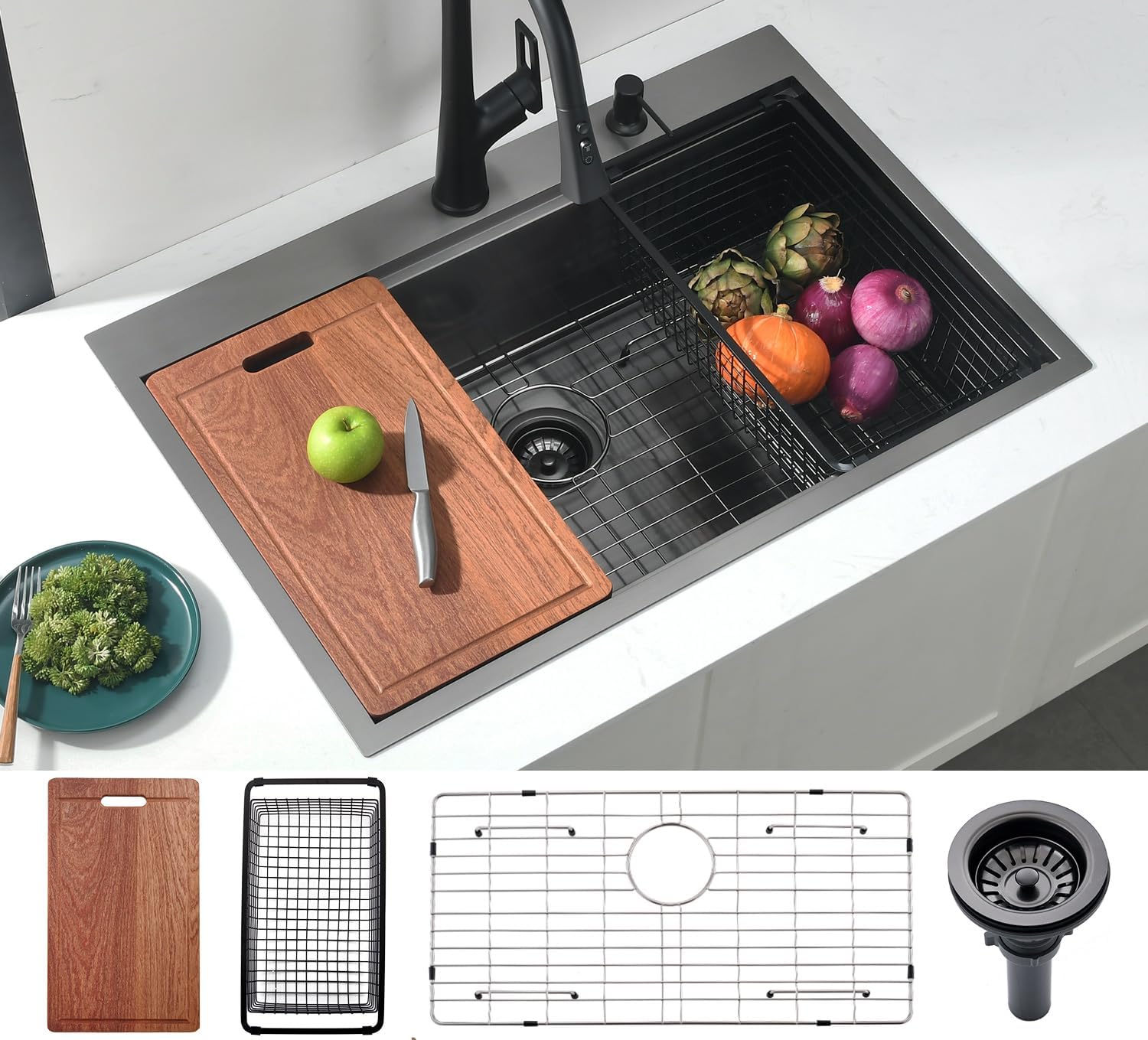 Grille D'Évier Inox YORZSDI – 28 X 16 Pouces – Drain Central – Avec Passoire