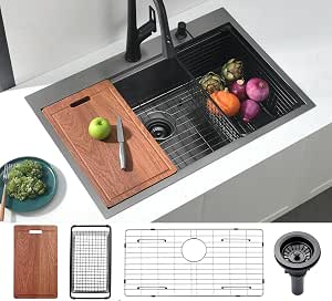 AOMEI 33x22 Inch Black Drop-In Kitchen Sink – 16 Gauge Stainless Steel With Workstation Accessories