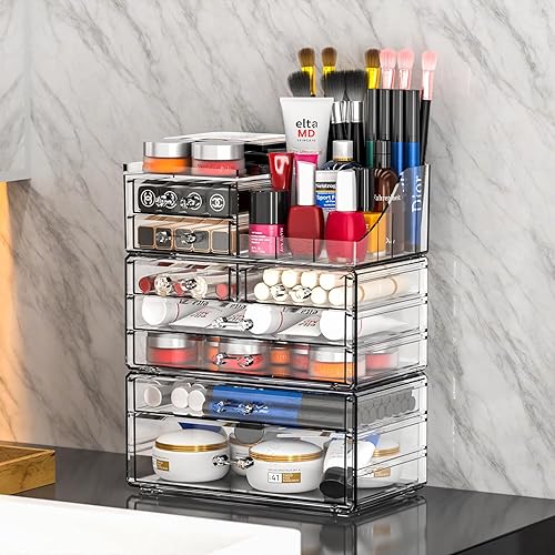 Miniatura 2 de Organizador de maquillaje acrílico transparente y almacenamiento para tocador, organizador de cuidado de la piel de baño con 8 cajones para tocador,