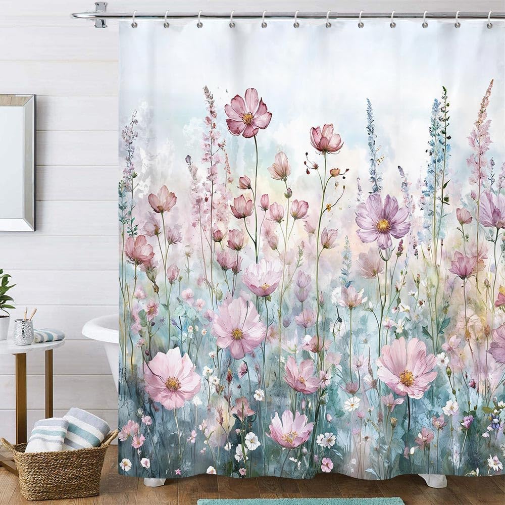 Boho Floral Shower Curtain, Colorful Pink Romantic Watercolor Flower Fabric Shower Curtains Set, Plants Nature Scenery Bathroom Accessories Set, 72x84 inch with Hooks