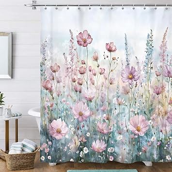 Boho Floral Shower Curtain, Colorful Pink Romantic Watercolor Flower Fabric Shower Curtains Set, Plants Nature Scenery Bathroom Accessories Set, 60x70 inch with Hooks