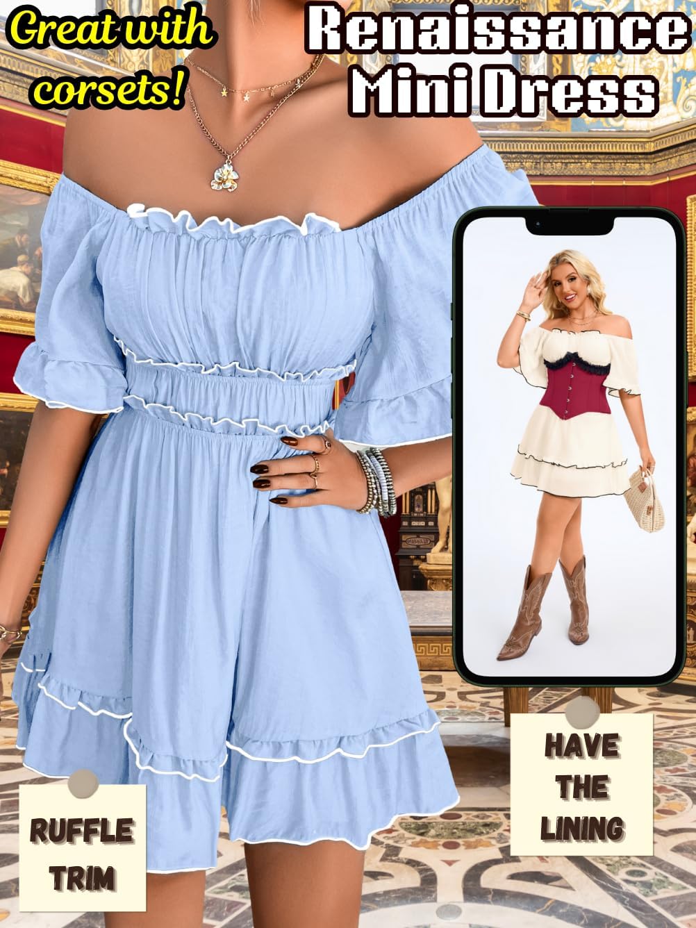 Women's Renaissance Dress, Flutter Sleeve Off Shoulder A-Line Empire Waist Fairy Sundress - Image 3