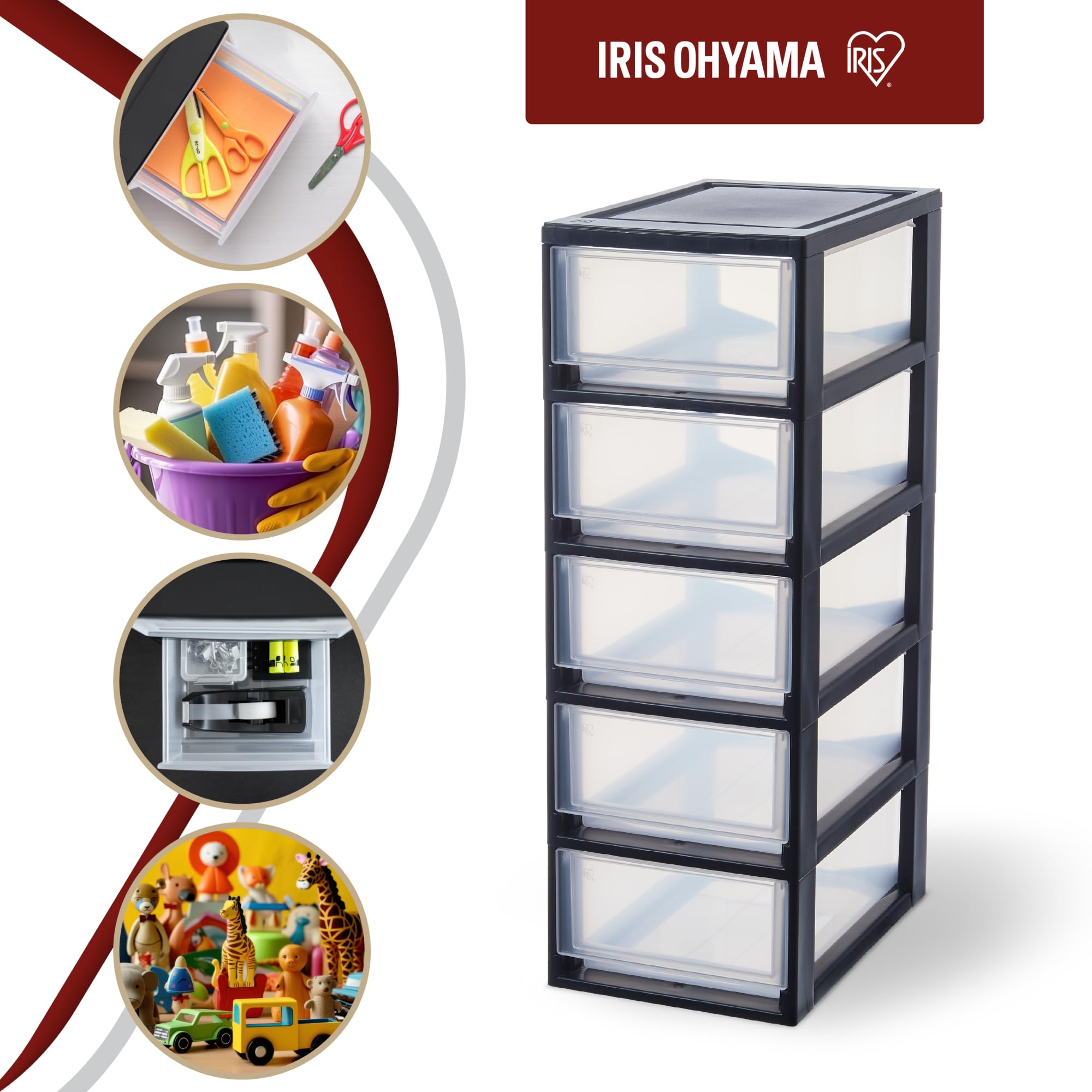 Iris Ohyama, Tour de rangement plastique noir, 5 petit tiroirs de rangement bureau, fournitures, accessoires, pour Salle de Bain, MSD-1