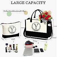 Vista 2 de YOOLIFE Bolsa de algodón con inicial con bolsa de maquillaje, bolsa de playa con cremallera correa ajustable, regalos de cumpleaños para mujeres
