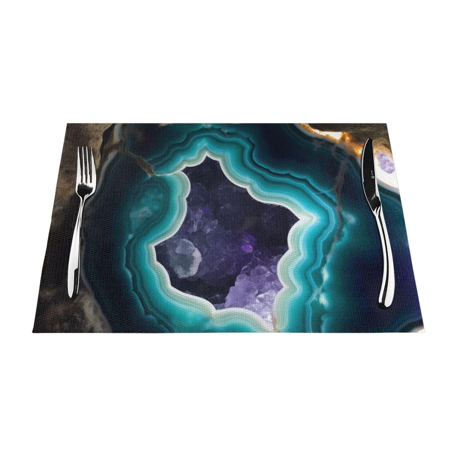 Teal Agate Printed PVC Placemat 4 PCS for Kitchen Dining Table Heat-resistand Washable Table Mats 18x12 in