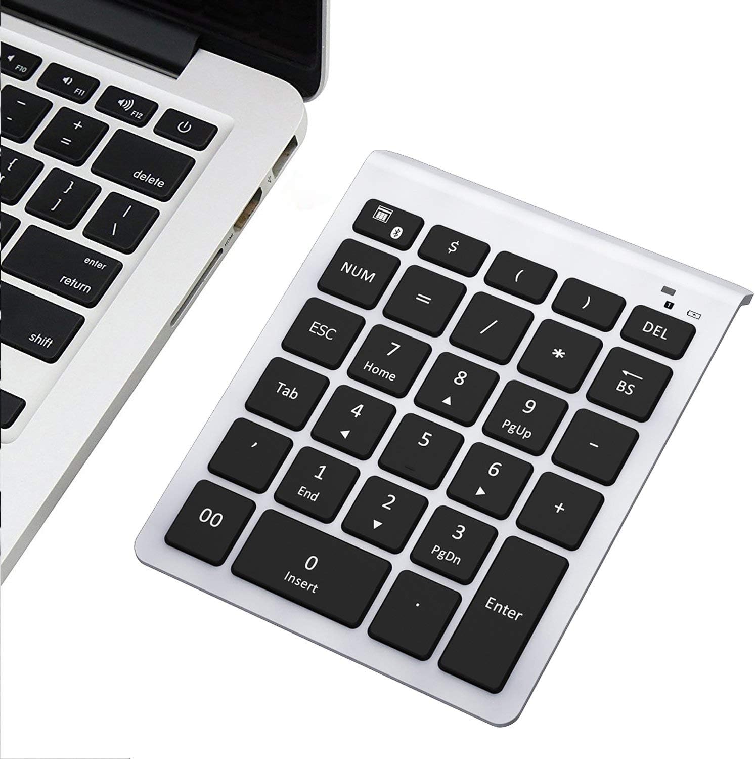 Bluetooth Number Pad, 10 Keys Numeric Keypad Portable Wireless Bluetooth Keypad : 28-Key Numpad Extensions for Financial Accounting Data Entry for Laptop Surface Pro Tablets Windows, Silver