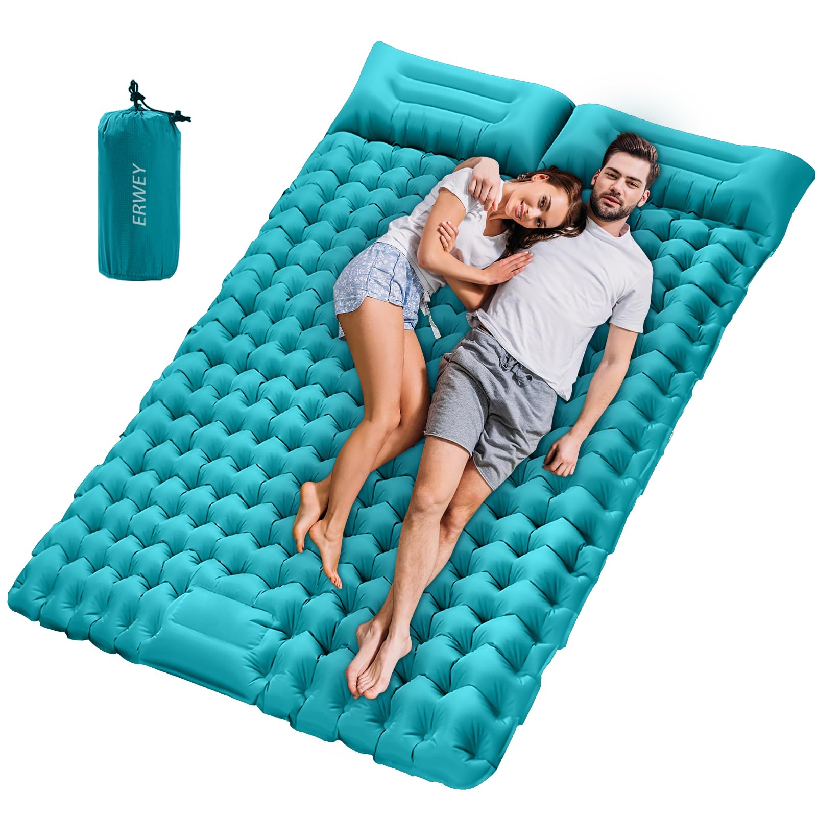 ERWEY Esterilla Camping Autoinflable Doble 200 x 135 cm, 10 cm Colchón Hinchable de Aire Ultraligero Inflable Adecuado para acampadas, Viajes, Actividades al Aire Libre y Uso en la Playa, Azul Pavón
