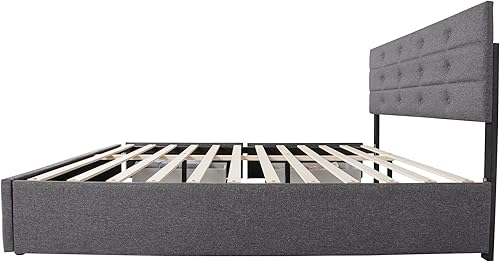 Miniatura 5 de DNYN Cama de plataforma tapizada tamaño Queen con nido y 2 cajones para niños y adultos, marco de cama de madera maciza, muebles de tela de lino con