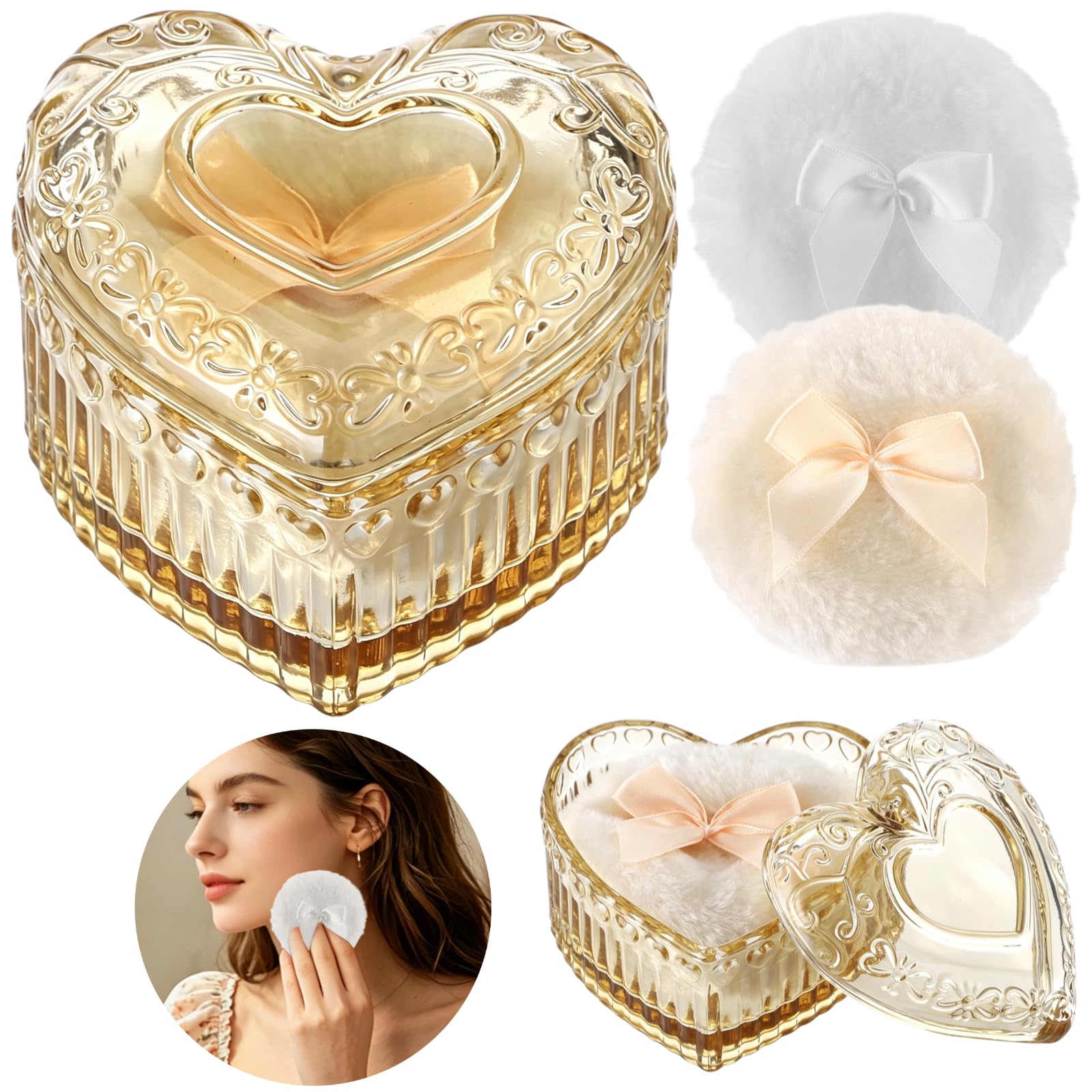 Lot de 3 houppettes à poudre grand format, récipient en verre en forme de cœur, houppettes de maquillage douces et moelleuses, lavables et réutilisables, déco de coiffeuse jaune, pour maquillage sec