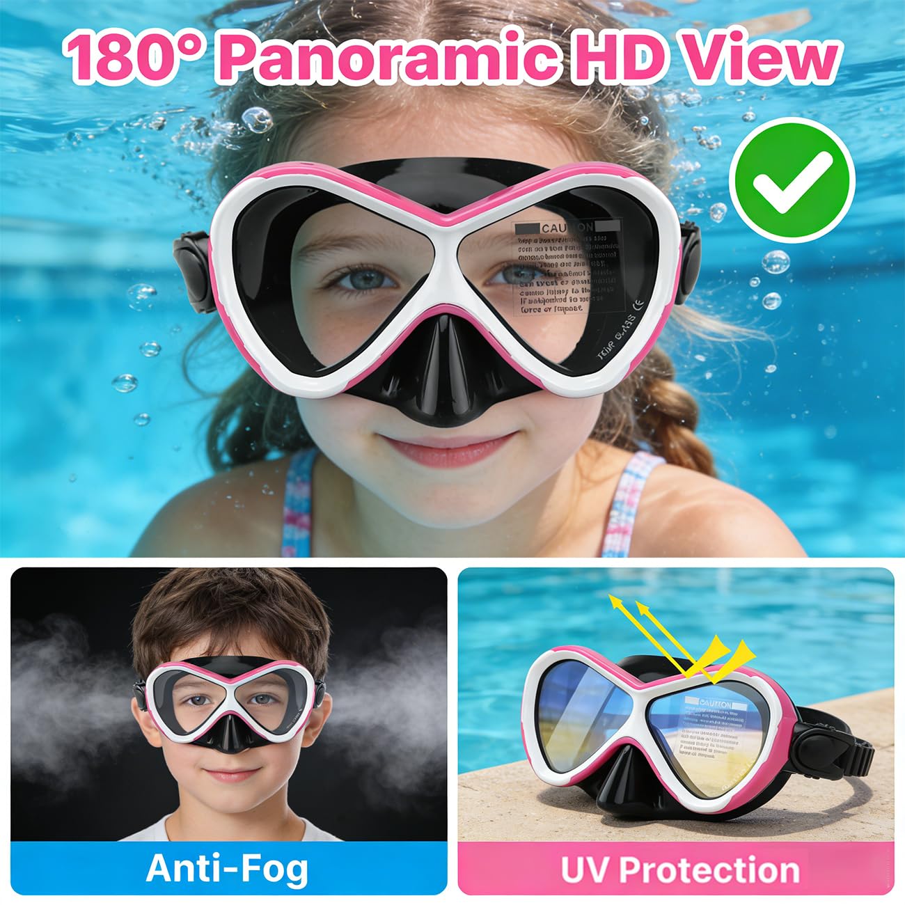 Maschera da snorkeling per bambini, anti-appannamento e anti-perdite, occhialini da snorkeling e nuoto, impermeabile, resistente maschera in vetro temperato, per bambini dai 4 ai 14 anni