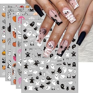 JMEOWIO 8 Sheets Cute Halloween Nail Art Stickers Decals Self-Adhesive Horror Skull Pumpkin Ghost Witchy Spider Web Bat Spook Nail Supplies Nail Art Design Decoration Accessories