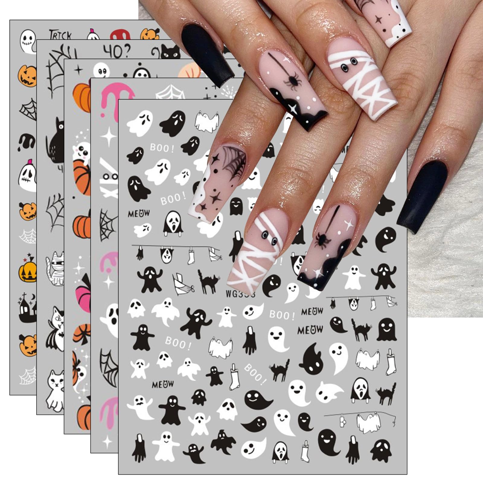 JMEOWIO 8 Sheets Cute Halloween Nail Art Stickers Decals Self-Adhesive Pegatinas Uñas Horror Skull Pumpkin Ghost Witchy Spider Web Bat Spook Nail Supplies Nail Art Design Decoration Accessories