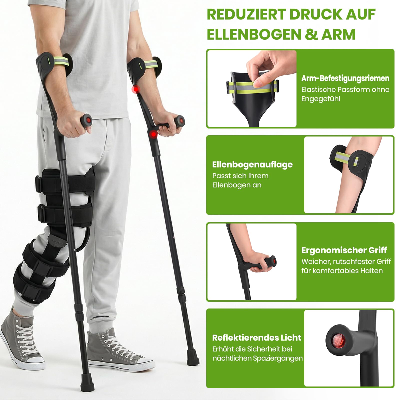 Carbonfaser Krücken Faltbar (2 Stück), Schwarz, Leichte Unterarmgehstützen 560g, Klappbare Gehhilfe für Senioren, Höhenverstellbare Gehstützen