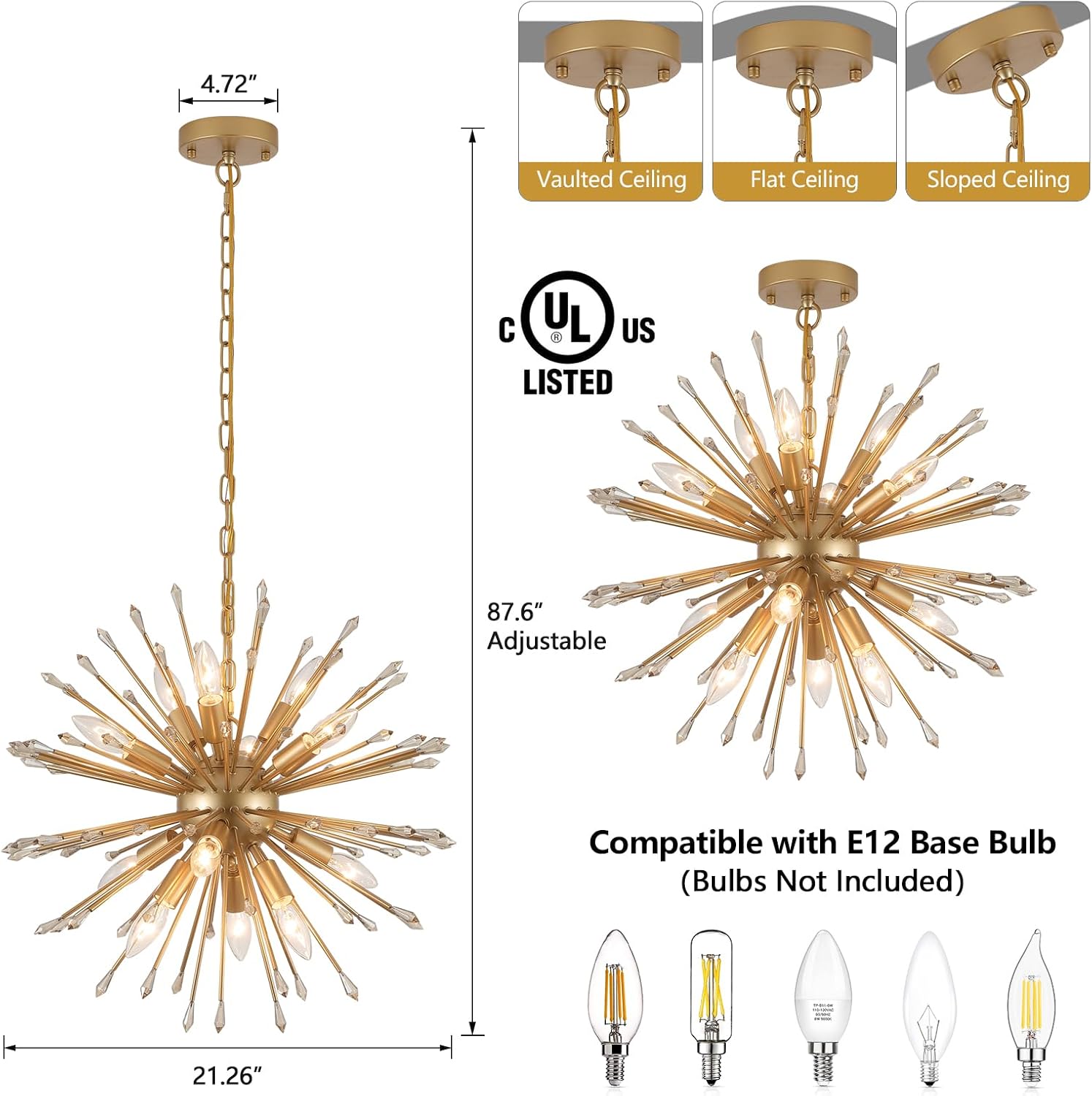 MEIXISUE Modern Sputnik Chandelier,Gold Firework Pendant Light 12-Light Dining Room Chandeliers Hanging Light Fixture for Kitchen Foyer Living Room Entryway UL Listed