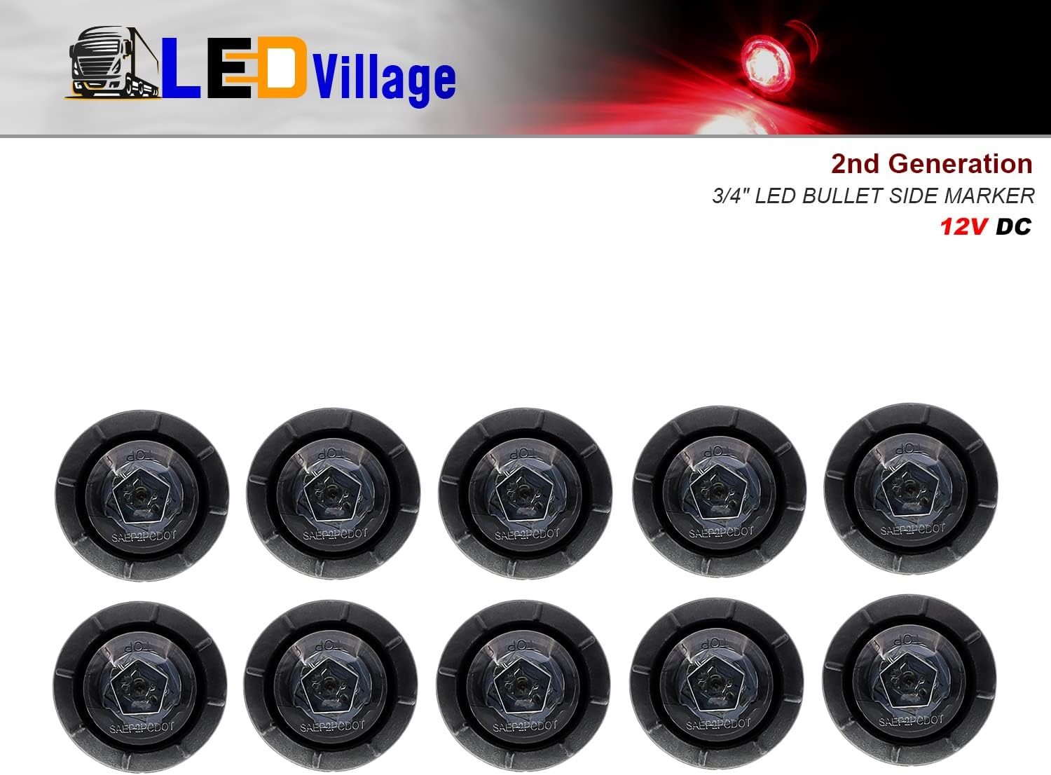 LEDVILLAGE 10 Pcs 2nd Generation 3/4 Inch Mount Smoked Lens RED Light LED Clearance Bullet Marker Lights, Side Led Marker for Truck Boat SUV ATV Bike Trailer Marine