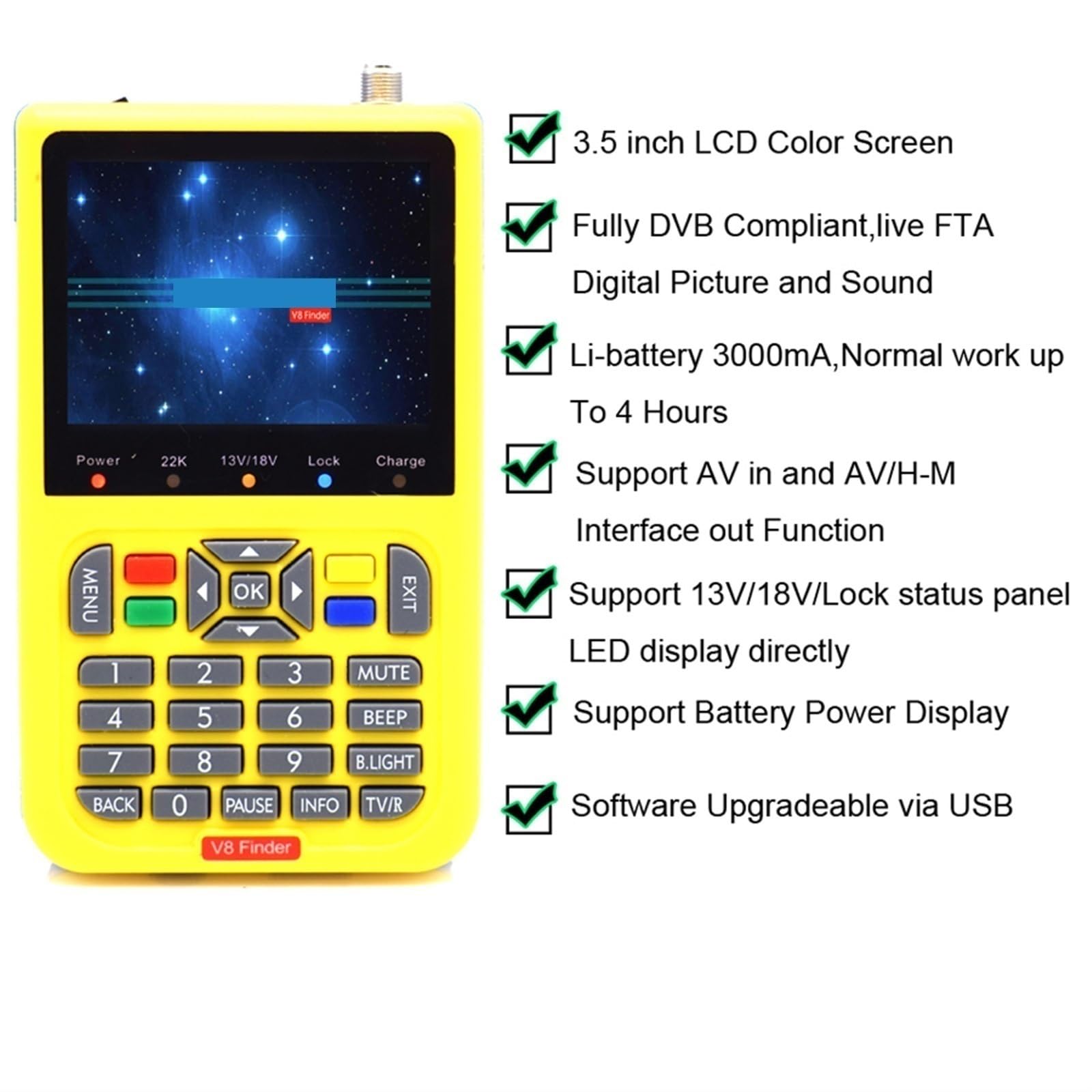 Buscador De Satélite LCD 3,5 Pulgadas HD DVB-S/S2 Digital H.264 MPEG-4 DVB S S2 Medidor Full 1080P FTA Satfinder DeteccióN Precisa(Yellow)