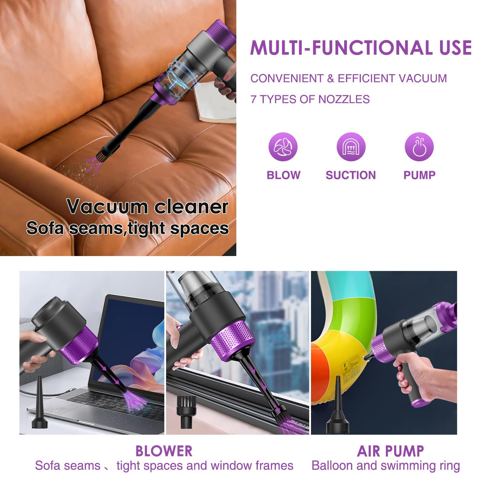 4-en-1 Aspirateur Voiture Puissant sans Fil, 15000PA Mini Aspirateur a Main sans Fil, Double Système de Filtration, Lumière LED, pour Souffleur Air Comprimé Nettoyage PC, Bureau (Violet)