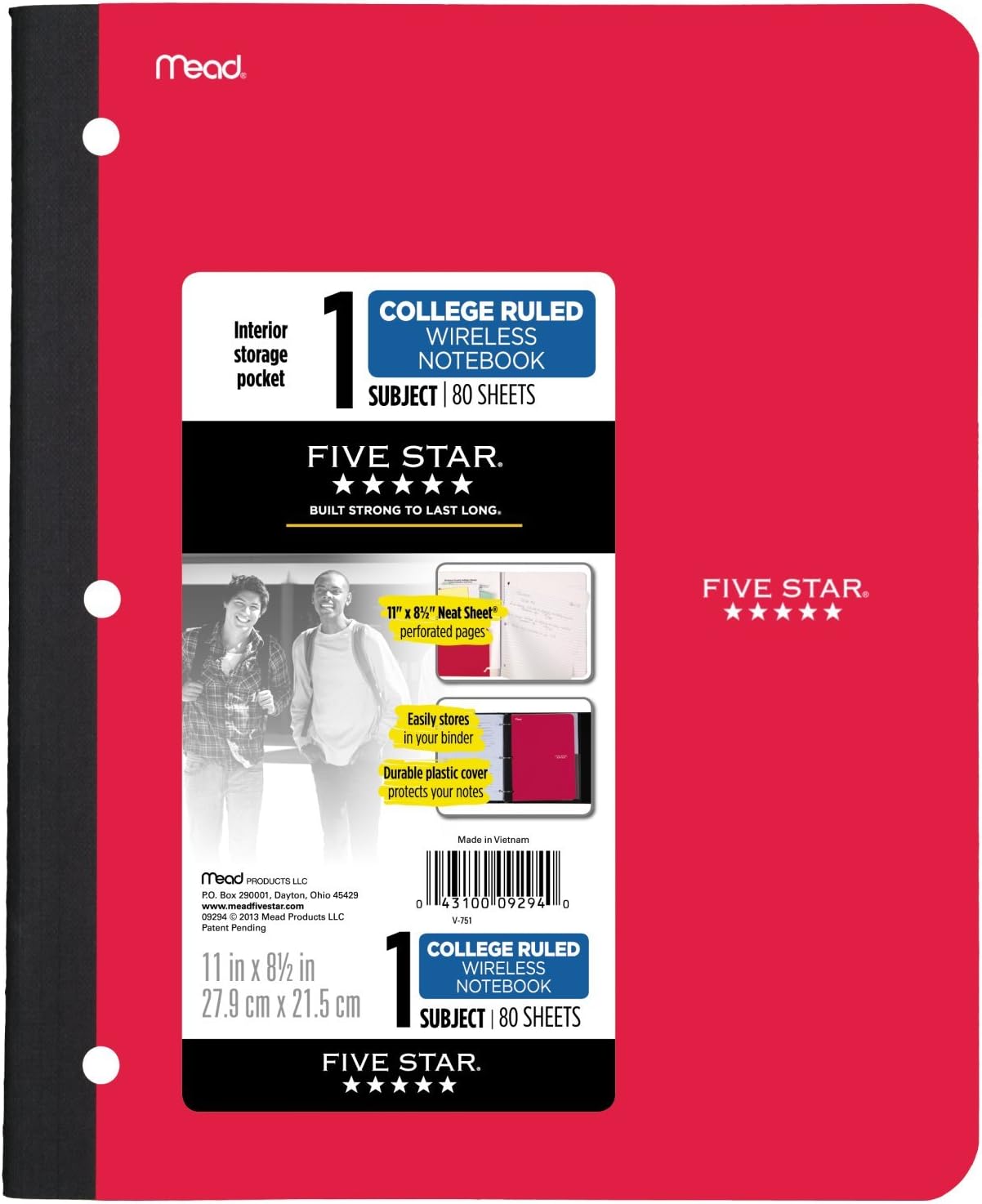 Five Star Bound Notebooks with Pocket, 1 Subject, College Ruled Paper, 80 Sheets, 11" x 8-1/2, Assorted Colors, 6 Pack (38022)