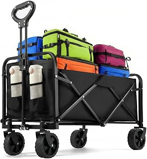 Collapsible Wagon 220 lbs, Heavy Duty Wagon Carts Foldable, Portable Wagons for Groceries, Beach Cart with All-Terrain Wheels & Drink Holders, Utility Wagon for Shopping, Sports, Camping, Black