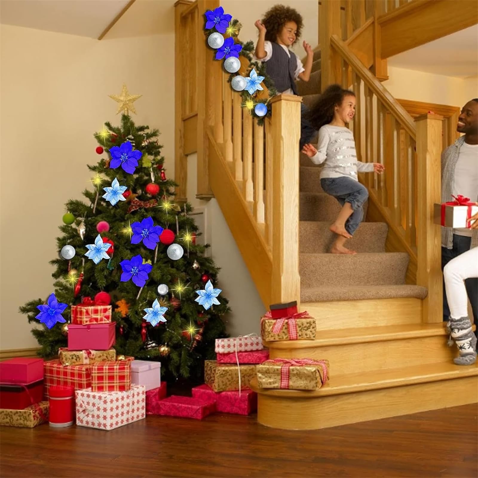 Guirnalda de luces de Navidad, guirnalda de flores artificiales de Navidad de 9 pies, ratán de Navidad para decoración de vacaciones al aire libre, interior, hogar, guirnalda de Navidad con bolas,