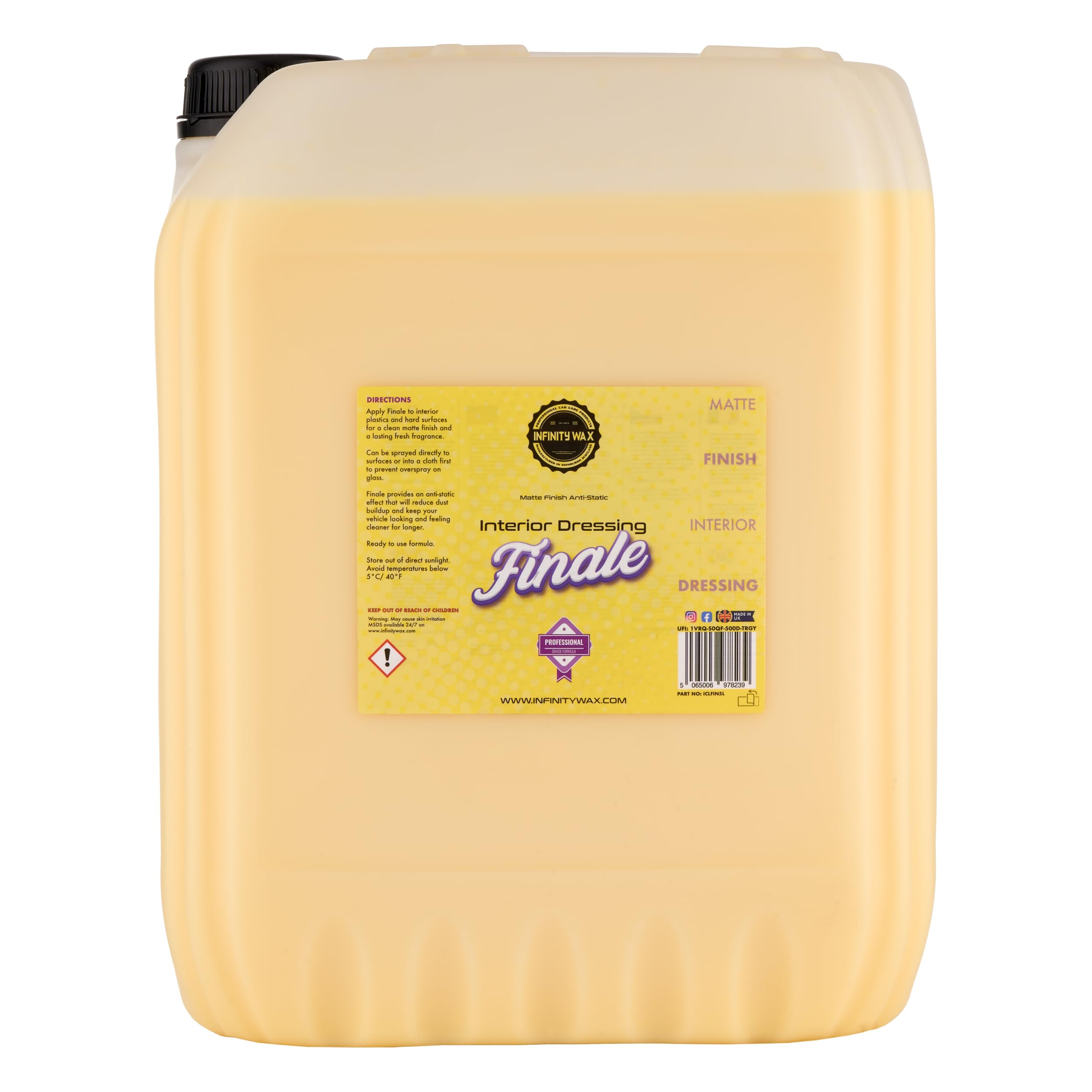 Infinity Wax Finale Interior Dressing 20L, Interior Plastic & Trim Finishing Spray, Matte Anti-Static Finish – Water-Based, Citrus Scent – No Oils or Gloss – Bulk Detailer Supply
