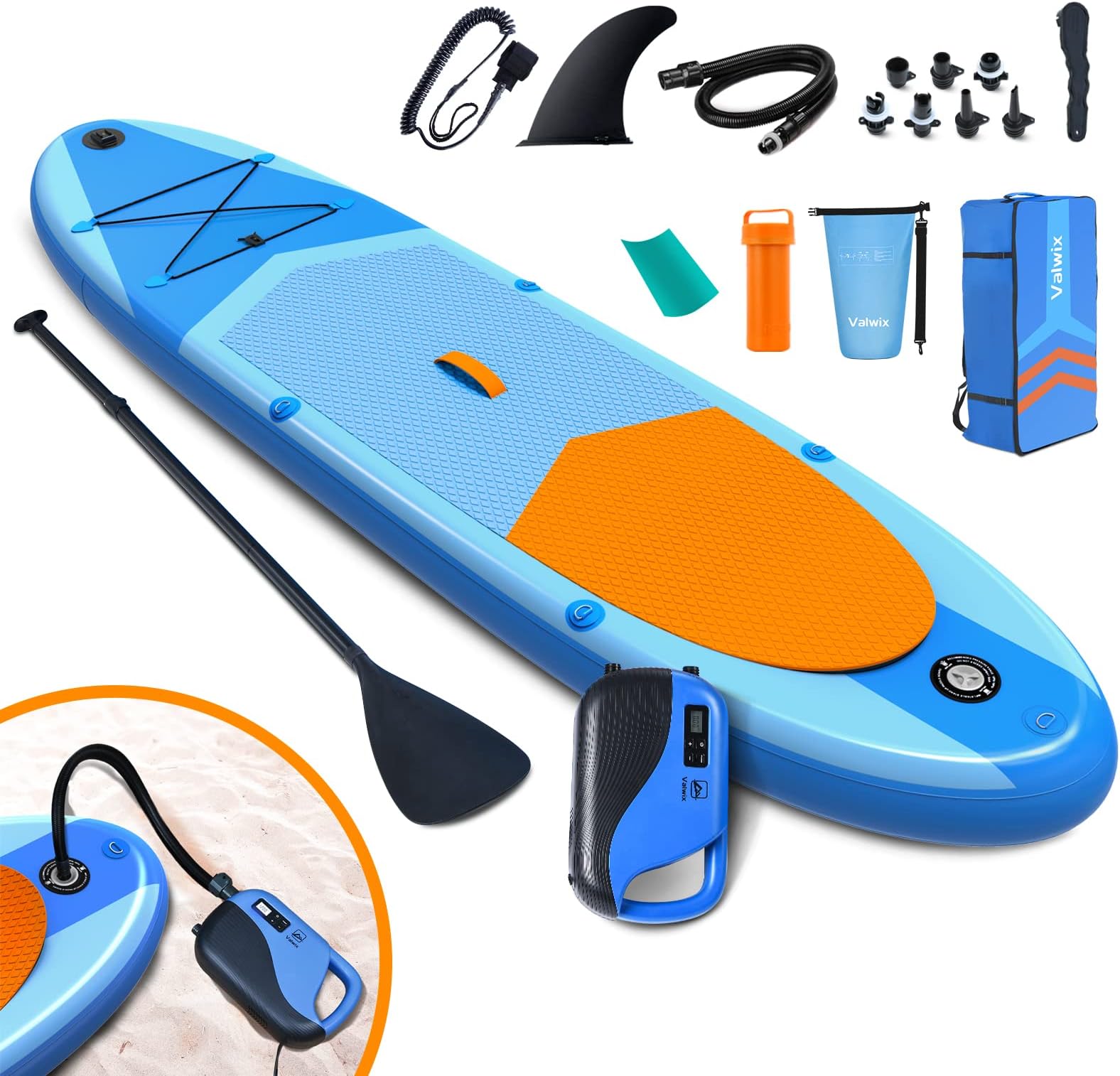 Valwix Inflatable Stand Up Paddle Board w/Electric Pump & Built-in Action Camera Mount Base, iSUP Paddleboard 350LBS Capacity