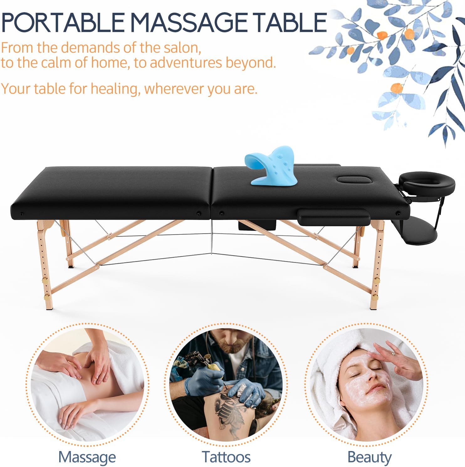 VIRRMO Portable Massage Table with Neck Stretcher, Adjustable Lash Bed Massage Bed Tattoo Table for Eyelash Extensions Beauty Tattoo,Black