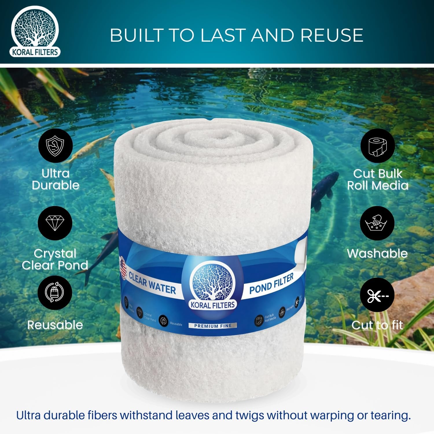 Pond Filter Media Roll, Fine and Coarse Cut to Fit Pads, Washable, Reusable Bulk Roll for Koi Ponds, Skimmers, Made in USA - White (Premium Fine) 1” | 24"x72" (6ft)