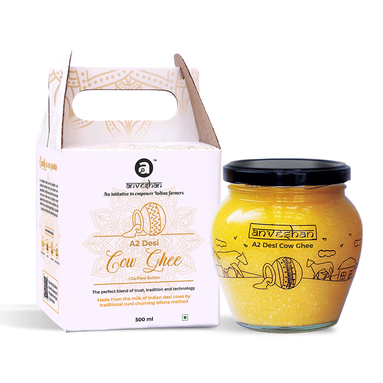 Anveshan A2 Desi Cow Ghee 500 mL Glass Jar Bilona Method CurdChurned Pure, Natural
