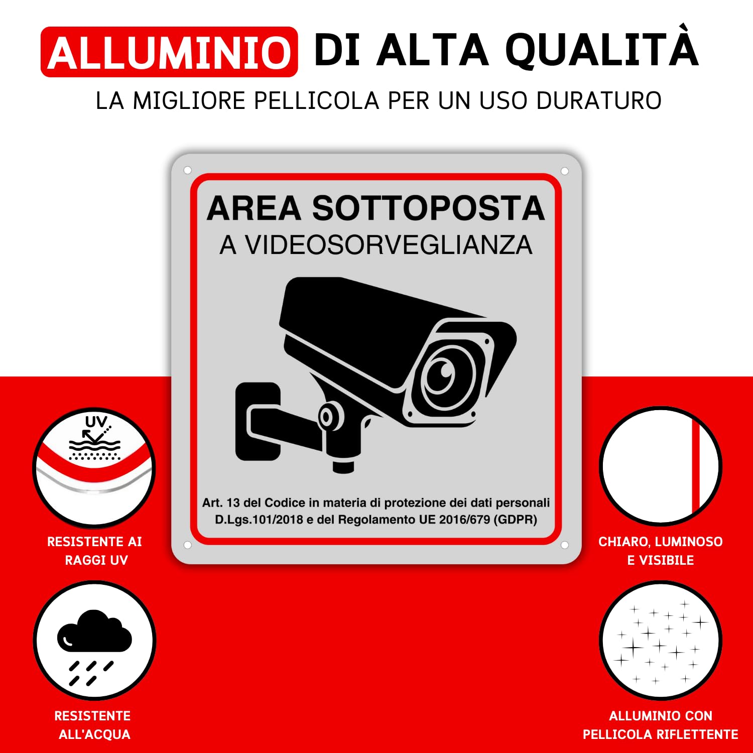 Cartello Zona Videosorveglianza 21x28 Cm In Alluminio - Spessore 0,8 Mm, Stampato UV, 4 Fori, Resistente Agli Agenti Atmosferici