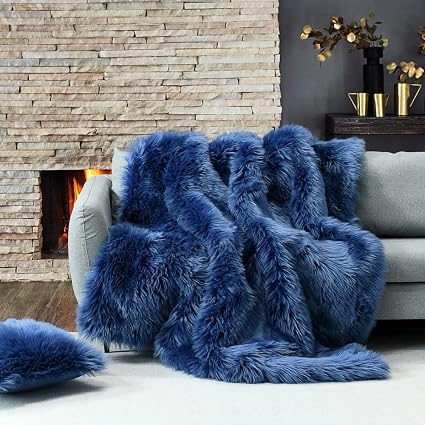 Navy Blue Faux Fur Throw Blanket 