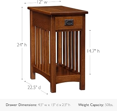 Leick Home Mission End Table, Solid Wood, 1 Storage Drawer, Bottom Display Shelf, Narrow, Slatted Sides, Easy-Assembly, Medium Oak, 22.5 in L x 12 in W x 24 in H, 8202