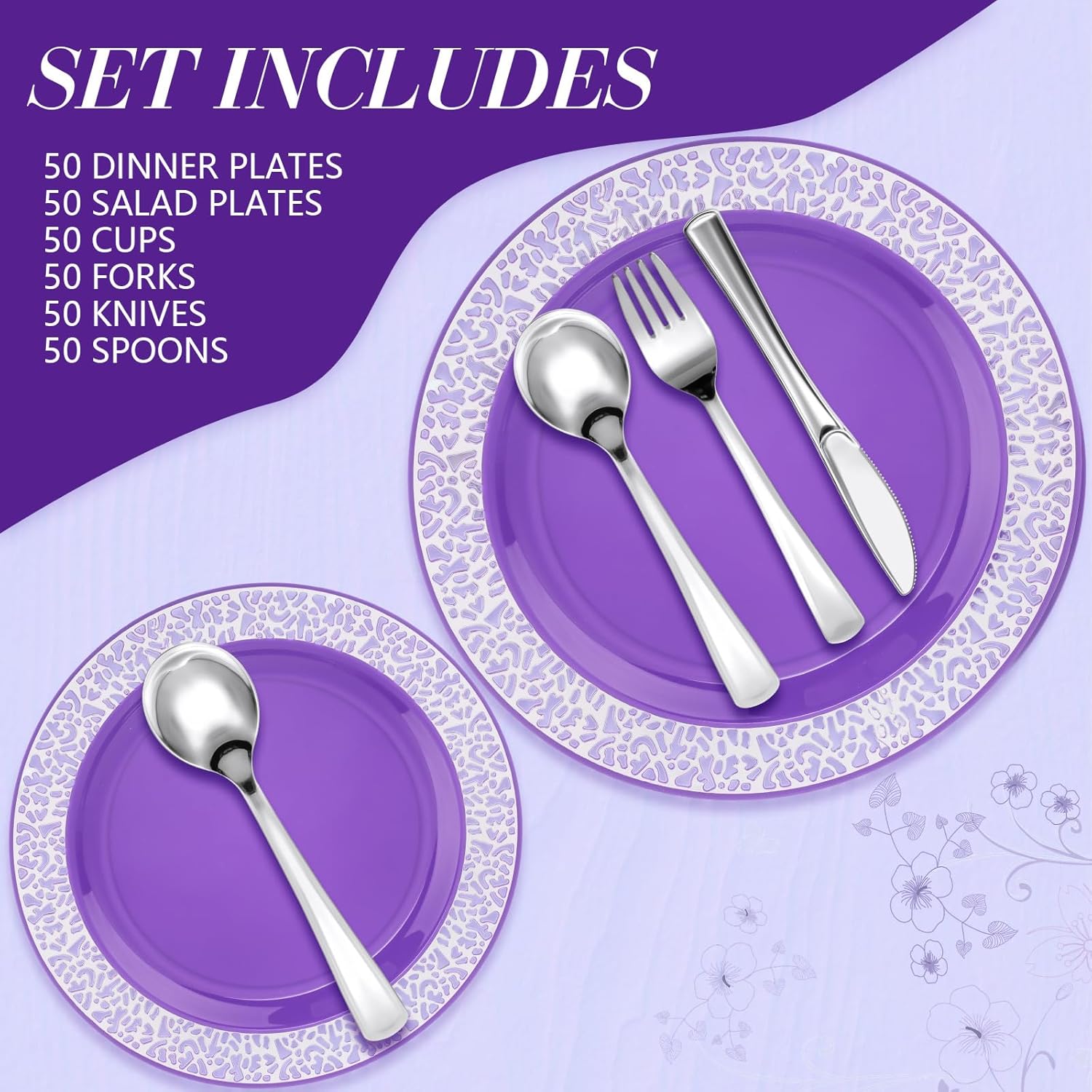 Norme 300 Pieces Disposable Plastic Dinnerware Set, 100 Plastic Plates, 150 Knives, Forks and Spoons with 50 Rimmed Cups for 50 Guests Wedding Party Supplies(Purple Silver)