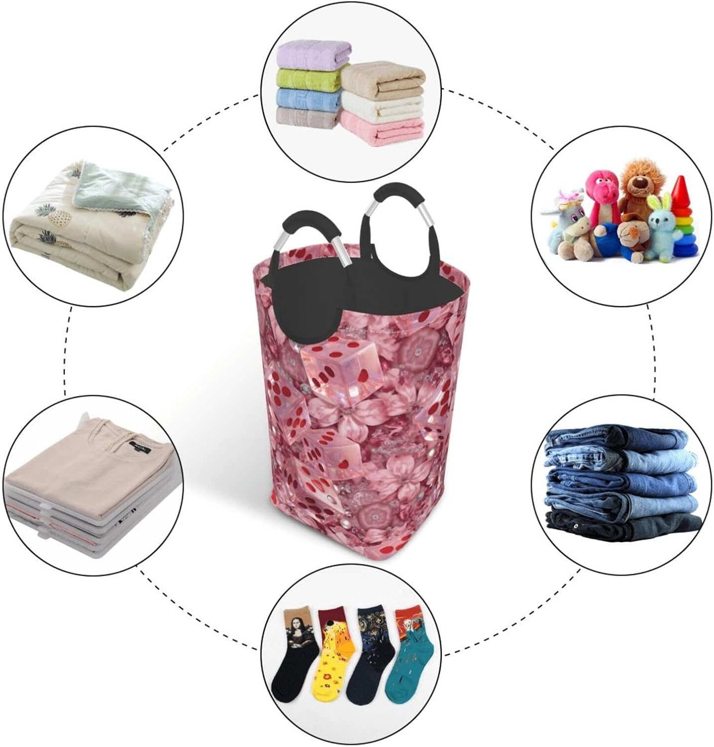 Romantic Heart Dice Party Foldable Dirty Laundry Bag, Waterproof Oxford Fabric With Pe Board Base, 50l Capacity For Home & Travel