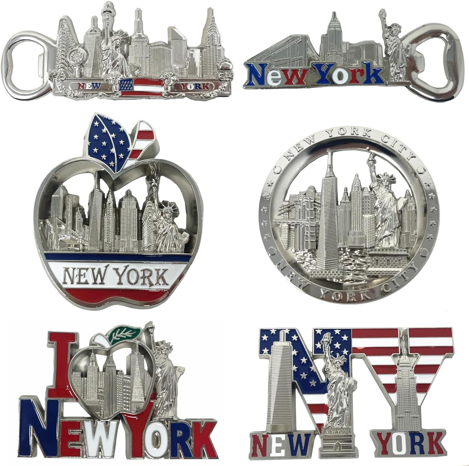 6 Pack Silver Bundle NYC Metal Fridge Magnets New York Souvenir Empire State Building, Skylines, Statue of Liberty, Brooklyn Bridge, Big Apple, USA Flag, Fridge Magnet Bottle Opener