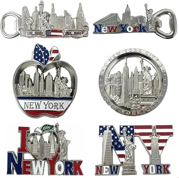 6 Pack Silver Bundle NYC Metal Fridge Magnets New York Souvenir Empire State Building, Skylines, Statue of Liberty, Brooklyn Bridge, Big Apple, USA Flag, Fridge Magnet Bottle Opener