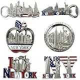 6 Pack Silver Bundle NYC Metal Fridge Magnets New York Souvenir Empire State Building, Skylines, Statue of Liberty, Brooklyn Bridge, Big Apple, USA Flag, Fridge Magnet Bottle Opener